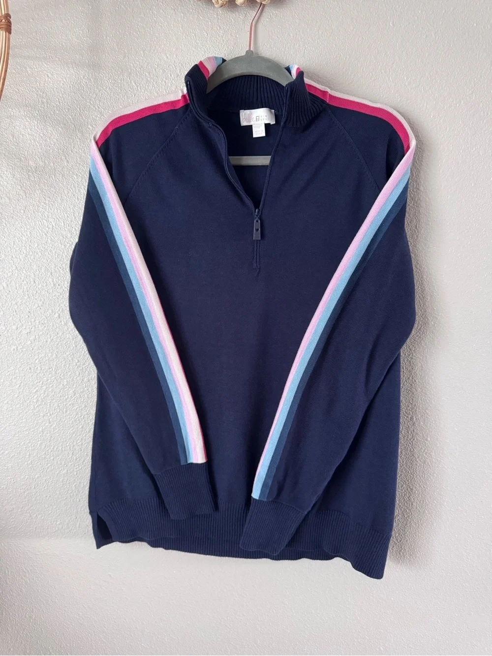 belle by Kim Gravel Navy Half-Zip Sweater with Pink and Light Blue Stripes - Picture 1 of 8